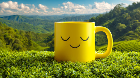 A cheerful yellow mug with a friendly face sits amidst vibrant tea leaves, with majestic mountains in the scenic background, evoking cozy freshness.の写真素材