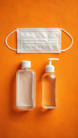 Medical safety gear, including masks and gloves, alongside sanitizer bottles, arranged on a vibrant orange backdrop, emphasizing hygiene and protectioの写真素材