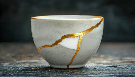 A refined ceramic vessel featuring a shimmering gold crackle pattern, placed on textured wood,...