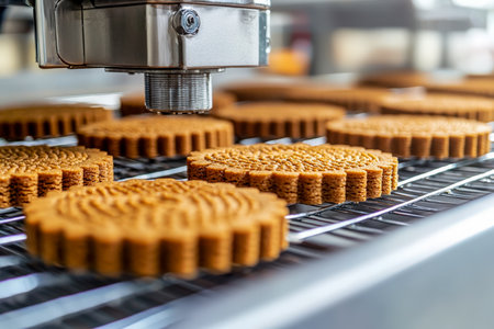 An enclosed industrial environment showcasing high-speed machinery assembling and shaping biscuit dough, capturing a busy, efficient manufacturing proの写真素材