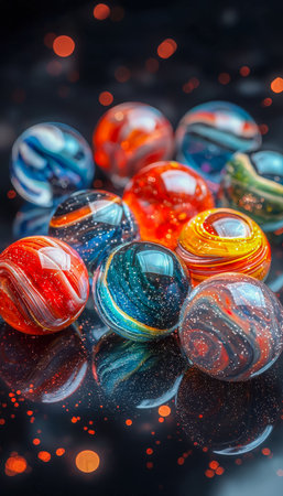 Vibrant glass orbs featuring cosmic patterns and luminous glow, set against a dreamy backdrop with sparkling bokeh, perfect for celestial-themed designの写真素材