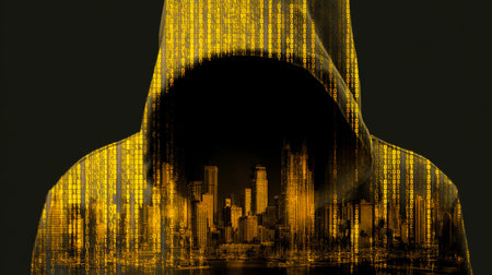 A mysterious hooded individual merged with a luminous virtual metropolis, set against a backdrop of...