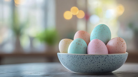 Delicate eggs with muted tones and gentle speckles settle in a smooth ceramic dish, resting on rustic wooden planks, evoking springtime charm and cozyの写真素材