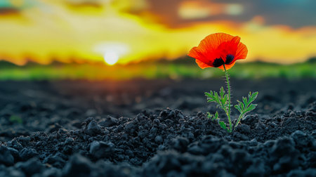A vibrant crimson bloom emerges from shadowy earth as a warm sunset bathes the scene in golden hues, evoking resilience and fleeting beauty.の写真素材
