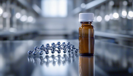 A close-up of a glass medicine container adjacent to a molecular structure model and spiral dna...