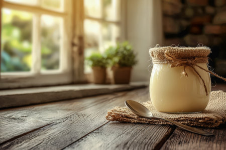 Creamy homemade yogurt in a glass jar, resting on a textured wooden surface, illuminated by soft natural light from a window framed with lush potted gの写真素材