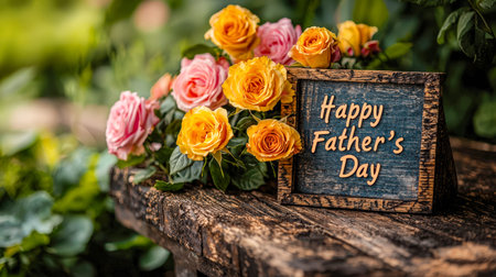 Bright pink and yellow roses enclose a cheerful happy father's day message, arranged on weathered...