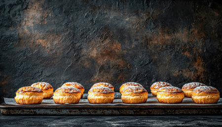 A selection of delicate French confections, lightly coated in powdered sugar, arranged on weathered wood, creating a cozy, vintage ambiance.の写真素材