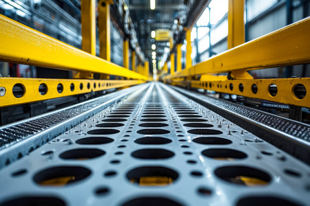 Automated assembly line featuring a sleek conveyor belt bordered by vivid yellow safety guards, emphasizing efficiency and workplace safety.の写真素材