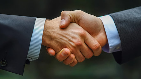 A professional handshake between colleagues symbolizes trust and collaboration in a corporate...