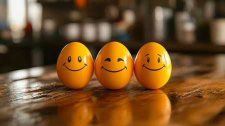 Cheerful eggs with hand-drawn faces resting on warm wood in a snug indoor space, exuding homey...