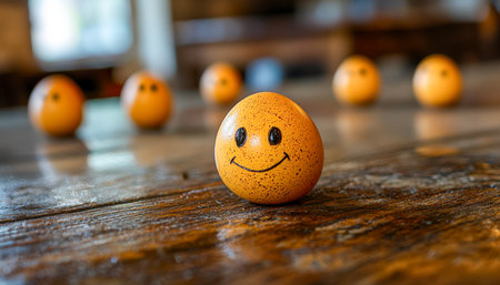 Bright orange with a playful grin, nestled among fellow fruit companions on a textured wooden surface, evoking joy and lightheartedness.の写真素材