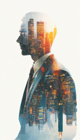 A contemplative professional silhouette blends seamlessly with a vibrant cityscape bathed in warm evening light, symbolizing ambition and urban succes