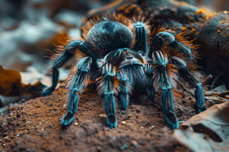 Close up macro photography of tarantula in natural habitat revealing intricate spider detailsの写真素材