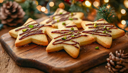 Festive star cookies with glossy chocolate drizzle and green nut embellishments rest on rustic wood,...