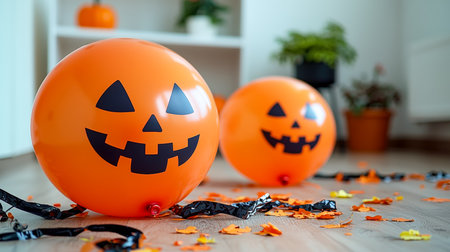 Bright orange pumpkin-shaped balloons with eerie carved faces float in a cozy, decorated indoor space, creating a playful and spooky Halloween atmosphの写真素材