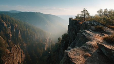Sunlit peaks rise through morning fog, framed by dense pines, capturing tranquil wilderness and rugged natural beauty in soft dawn light.の写真素材