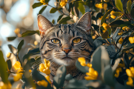 A curious tabby feline cautiously surveys amid lush foliage, vibrant yellow blooms creating a...