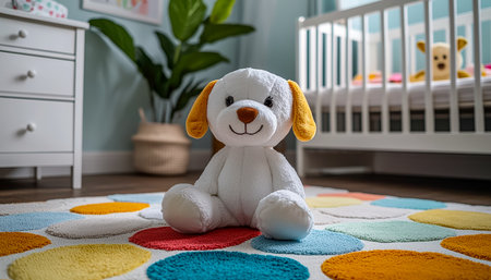 A soft, cuddly canine plush rests atop a vibrant patterned rug, surrounded by playful childhood d?cor, evoking warmth and innocence.の写真素材