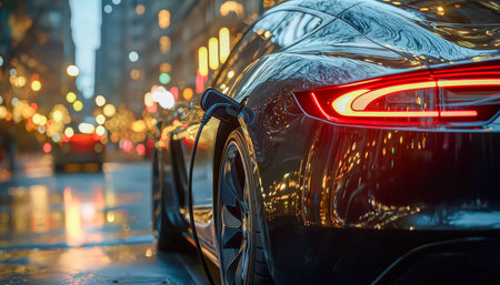 A modern electric vehicle connects to a charging station on a lit city street, illuminated by neon...