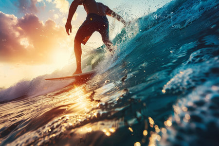 Expert surfer mastering waves with dynamic moves in thrilling water sports actionの写真素材