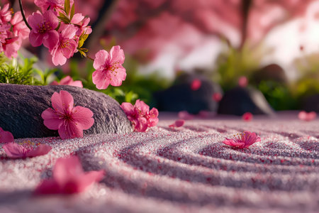 A peaceful outdoor space features soft pink blooms, delicate branches, and meticulously raked sand patterns fostering serenity and mindful reflection.の写真素材