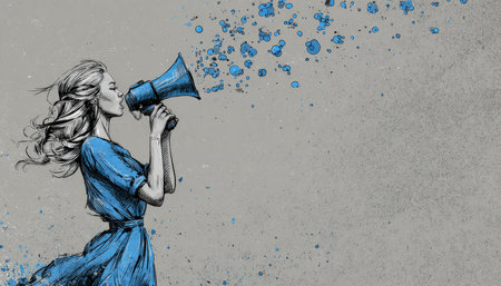 A dynamic woman in a vivid blue gown passionately projects her voice through a megaphone, with vibrant blue spray effects highlighting her bold expresの写真素材