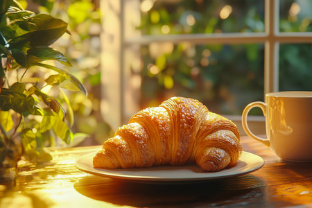 A golden, flaky croissant resting on a ceramic plate, paired with a steaming mug, basking in gentle morning sunlight near a cozy window.の写真素材