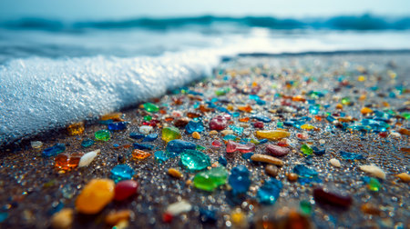 Vibrant sea glass and smooth stones scattered across the shoreline, with gentle surf rolling in and a calming ocean backdrop in soft focus.の写真素材