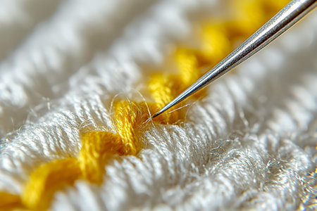 A detailed view of a hand guiding a needle through textured fabric with bright yellow thread, capturing craftsmanship and delicate handiwork.の写真素材