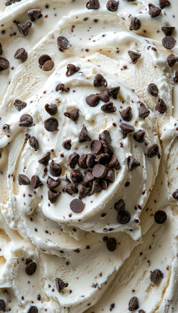 A scoop of smooth vanilla ice cream dotted with rich chocolate chips, exuding a luscious and inviting dessert appeal perfect for indulgence.の写真素材