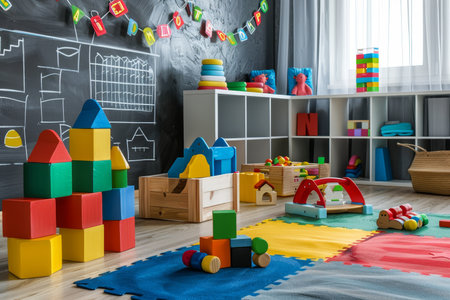 Vibrant preschool playroom with educational blocks and chalkboard background mockupの写真素材