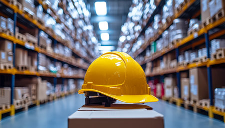 A bright yellow protective helmet rests on a sturdy table within a spacious warehouse corridor, evoking a sense of safety and industrial readiness.の写真素材