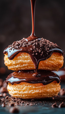 An indulgent, multi-layered pastry glistens with a shiny glaze, topped with rich chocolate syrup and crumbled cocoa for a decadent treat.の写真素材