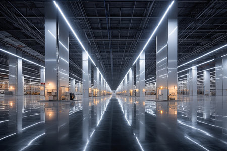 Huge distribution warehouse with high shelvesの写真素材