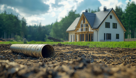 A rural setting features an residential emerging structure with rough terrain and a scattered construction pipe, conveying early-stage building activityの写真素材