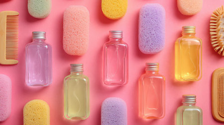 Brightly colored cleaning sponges and small aromatic oil bottles arranged on a soft pink backdrop to...