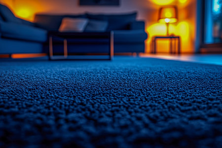 A detailed view of a rich blue woven rug adding warmth and character to a contemporary living space illuminated by gentle, inviting lighting and sleekの写真素材