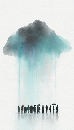 A diverse crowd gathers beneath a looming rain cloud, some clutching umbrellas, rendered in soft watercolor strokes, evoking mood and community resolutionの写真素材