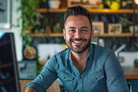 Creative businessman portrait smiling with computer, ideal for marketing strategies
