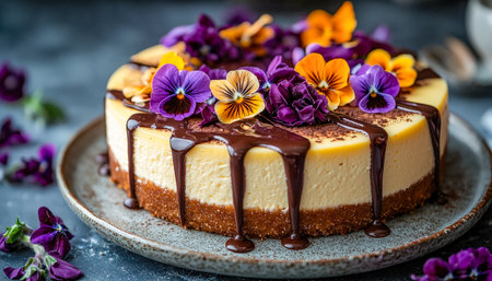 A luscious cheesecake drizzled with rich chocolate sauce, adorned with vibrant edible blossoms, served on a textured vintage plate for a charming presの写真素材