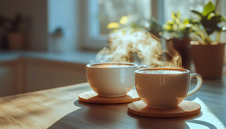 Warm morning scene with aromatic coffee mugs on rustic wood, basked in sunlight, surrounded by lush houseplants for a cozy, inviting atmosphere.の写真素材