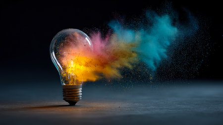 An innovative filament-shaped glow amid a vibrant burst of powder hues, contrasting sharply against a dark background, evoking inspiration and energy.の写真素材