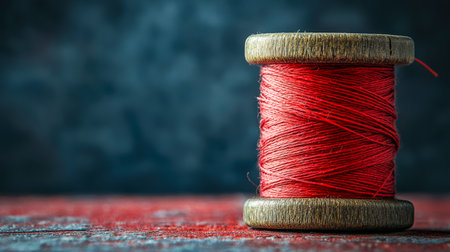 A vivid red spool of thread rests on a rough textured surface, with a soft-focus backdrop highlighting craftsmanship and creative detail.の写真素材