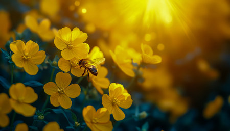 A busy bee gathers sweet nectar from vibrant yellow blossoms, illuminated by warm sunlight, showing...
