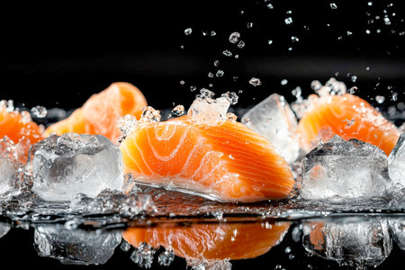 Juicy salmon fillet pieces glisten amidst icy cubes and water sprays, creating a bold contrast against the dark backdrop, ideal for seafood dishes orの写真素材