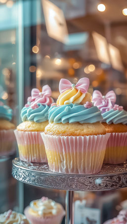 A tiered glass stand showcases intricately adorned cupcakes featuring vibrant swirls of frosting and decorative bows, exuding a charming bakery ambianの写真素材