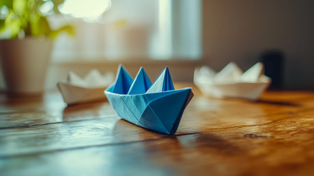 Brightly crafted paper boats rest on a rustic wooden surface, evoking playful serenity amid a softly...