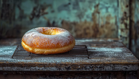 A sweet, imperfectly glazed donut coated with sugary crystals rests on weathered wooden planks, evoking rustic charm and homely warmth.の写真素材