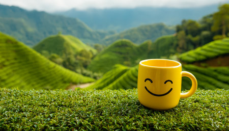 A cheerful yellow mug with a wide smile sits amid vibrant tea bushes, evoking warmth and joy in a scenic plantation backdrop.の写真素材